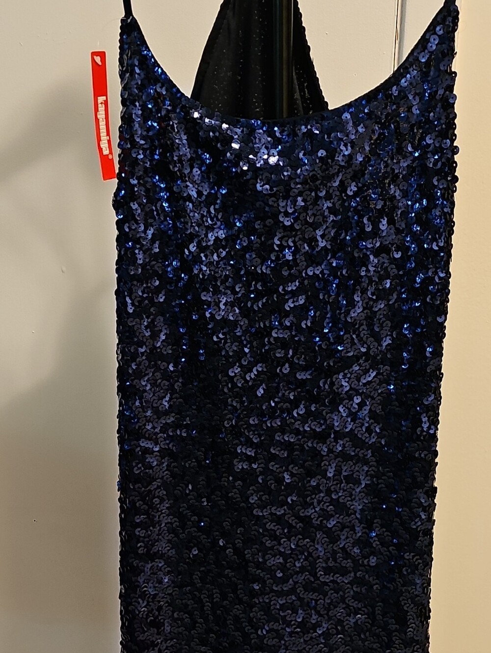 Kayamiyu Blue/Black Solid Sequin Strappy Sleeveless Maxi Slip Dress L